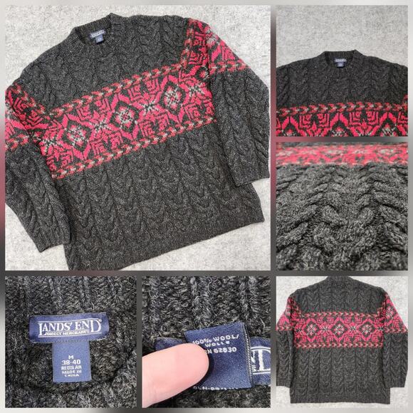 Lands' End Other - Lands End Mens M Medium 100% Wool Cableknit Fair Isle Nordic Crewneck Sweater